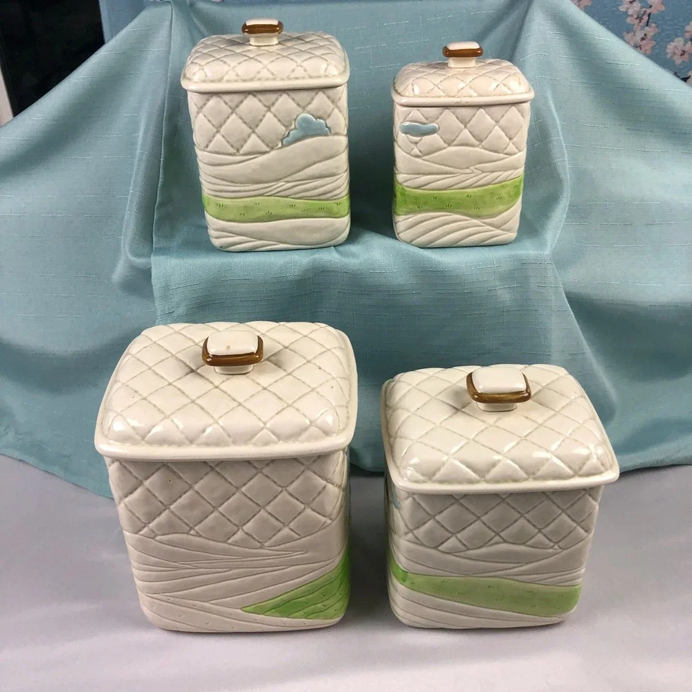 Vintage 1982 Otagiri Japan Farm Canister Set 4pc Ceramic Quilted Barn Cow Pig